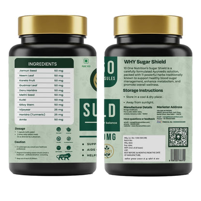 10 One Nutrition Sugar Shield 500mg | Helps Manage Blood Sugar Levels With Karela, Jamun & Gudmar & 8 more herbs | 100% Ayurvedic Capsule with Powerful Herbs | 60 Veg Capsules