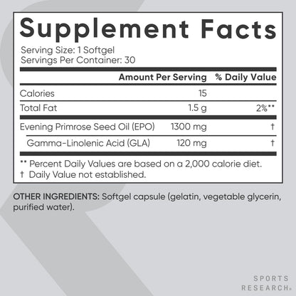 Sports Research Evening Primrose Oil (1300Mg) From Cold-Pressed Evening Primrose Flower | Non-Gmo Verified, Hexane & Gluten Free (30 Liquid Softgels)