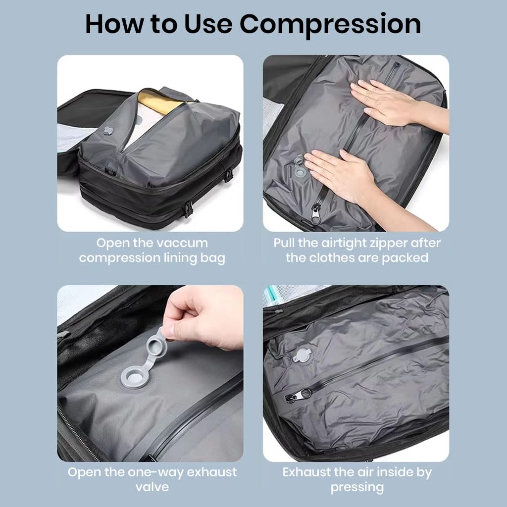 TECPHILE Airpack Laptop Backpack Vacuum Bag for Men Travel Waterproof Large Capacity 22L-45L Convertible Duffle Bag, fit for 17.3” Laptop USB Charging Port, Travelling Bag (Bag + Vacuum Pump)