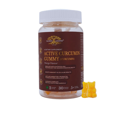 SACRED LEAVES Active Curcumin Gummy Anti-inflammatory & Antioxidant Immunity Booster| Joint & Muscle Help for Kids, Adults | Vitamins, Minerals & Supplements | Gluten-Free | Mango Flavour | 30 Gummies