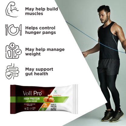 Voll Pro Plant Protein Bar with Daily Greens - High Protein 20g, Fiber 5.5g, 0g Sugar - Caramel Flavour- Non-GMO- Gluten & Trans Fat Free- Crunchy, Delicious Nutrient-Rich Protein Bars (50g X 3 Bar) - (Pack Of 3, Caramel)