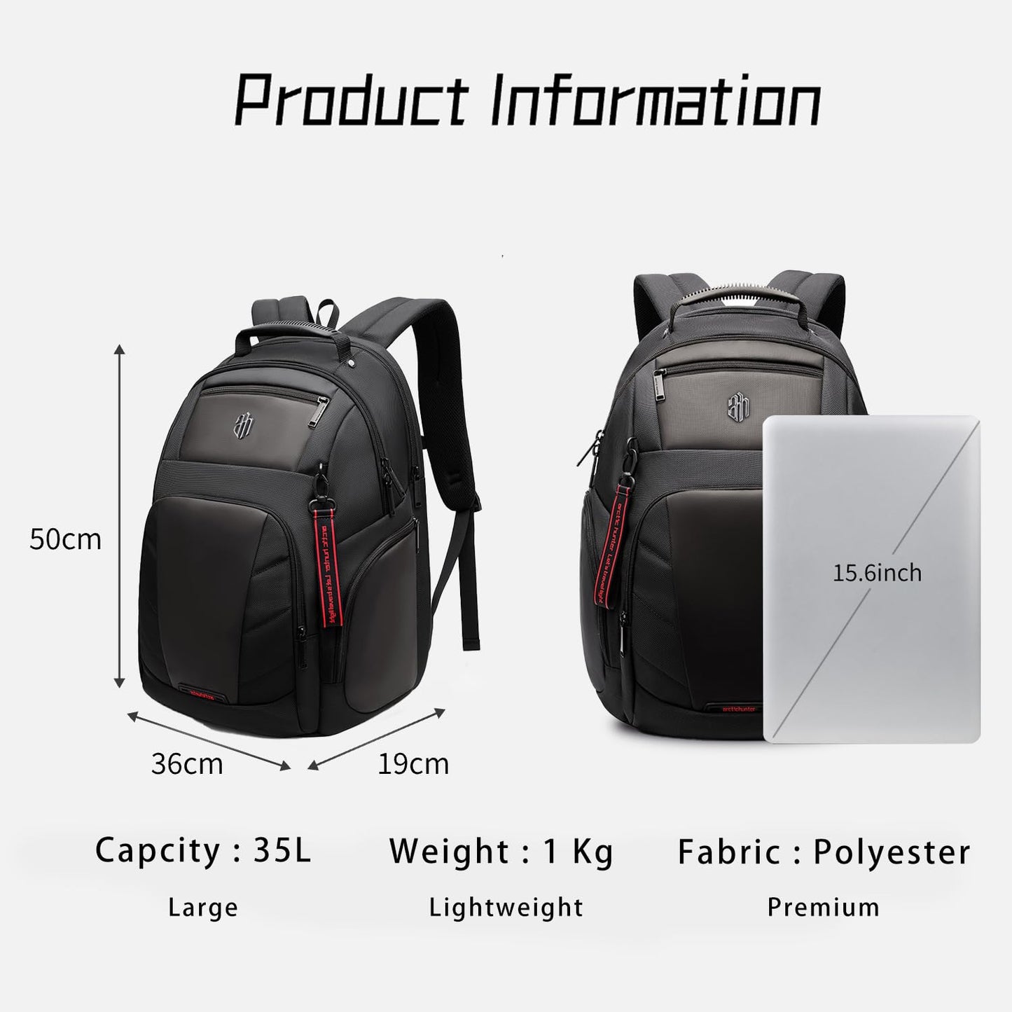Arctic Hunter Travel Backpack For Men 35L RFID Anti-theft Pocket 15.6 Inch Laptop Bag 7 Zipper Pocket Water-Resistant Ergonomic Rubber Handle Lightweight for Commuting College Travel Abroad