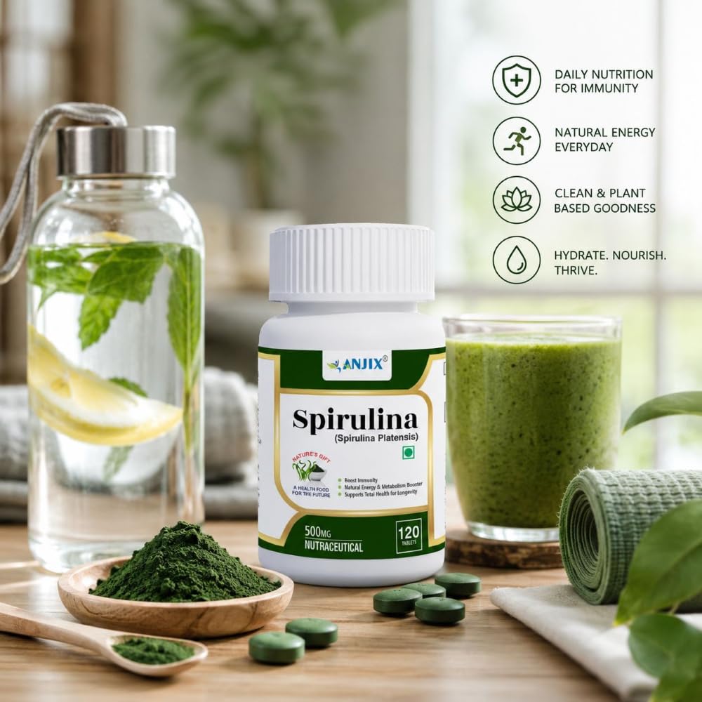 ANJIX Spirulina Tablets 500 mg | Plant Based Superfood Supplement for Energy Immunity & Daily Wellness | Vegetarian Tablets Pack of 120