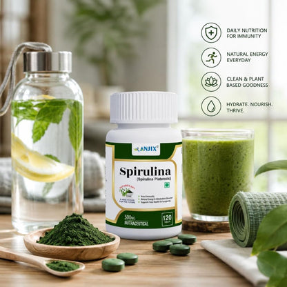 ANJIX Spirulina Tablets 500 mg | Plant Based Superfood Supplement for Energy Immunity & Daily Wellness | Vegetarian Tablets Pack of 120