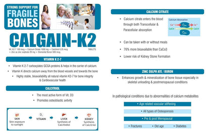 BIOXIS Healthcare Calgain-K2 Tablets | Calcitriol Calcium Citrate Vitamin K2-7 Boron Zinc Supplement | Bone Health Support (Pack of 6)