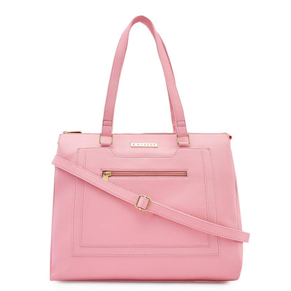 Caprese Ginty Satchel Bag, Medium | Stylish Solid Handbag for Women with Comfortable Flat Handles, Adjustable & Detachable Sling Strap | Secure Zip Closure | Perfect for Casual & Daily Use (Pink)