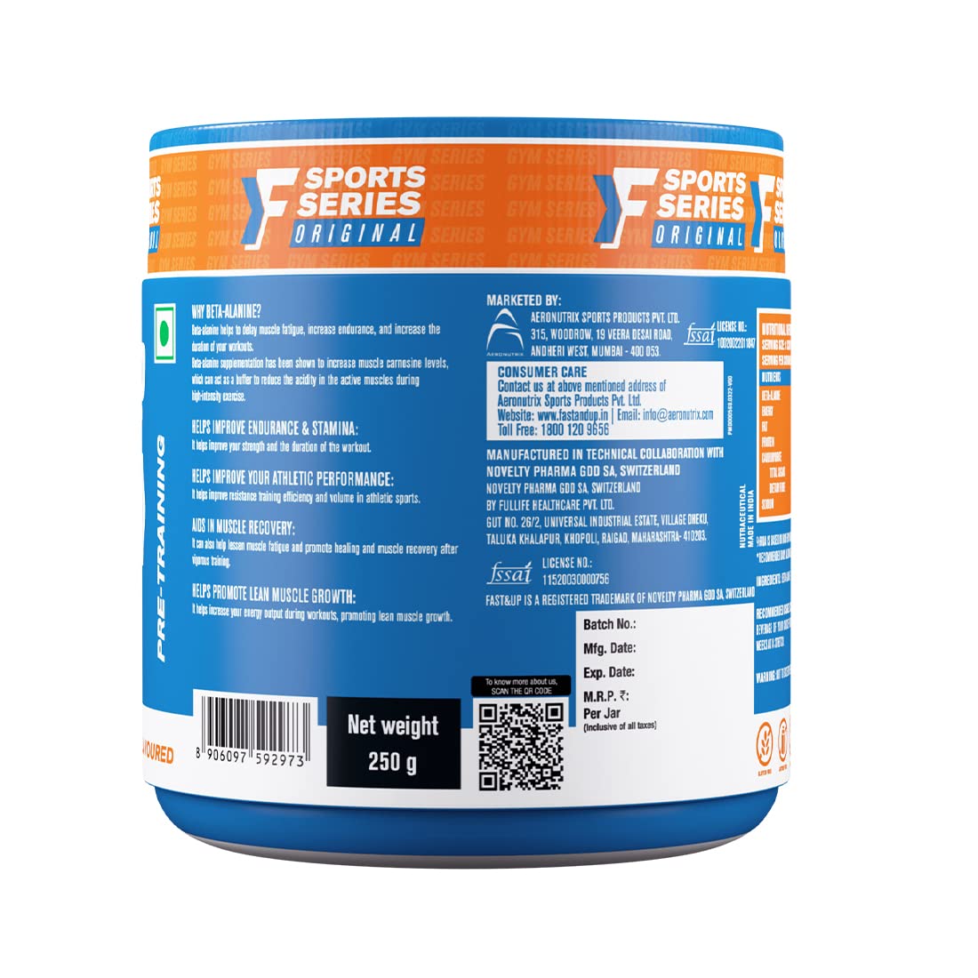 FAST&UP Beta-Alanine Essentials (250gms, 4gms per serving, 62 Servings) | Helps Increase Workout Capacity, Strength & Endurance | Helps Delay Muscle Fatigue