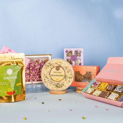 THE SWEET BLEND 6-in-1 Gift Hamper | Soan Papdi (300 g), Farali Chivda (200 g), Mysore Pak (250 g), Dry Fruit Bites, All-Flavor Crunch & Rose Kaju Katli | Assorted Mithai & Snacks Box | Raksha Bandh