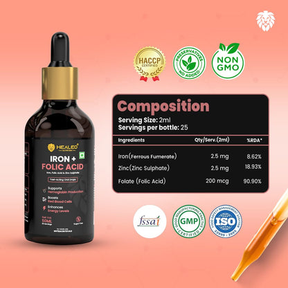Healeo Iron + Folic Acid Drops | Fast Acting Liquid Iron Supplement for Women & Men with Zinc | Hemoglobin Booster & Blood Builder | Non-Constipating - 50ml