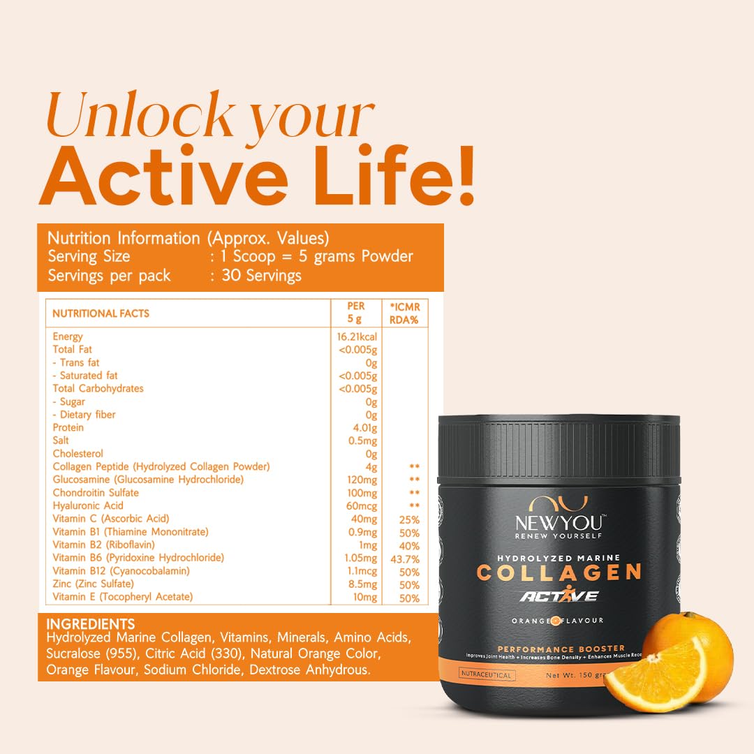 NewYou Collagen Active Performance Booster | Enhances Joint Movement, Bone Strength & Flexibility | Helps Reduce Back & Knee Pain | Japanese Marine Collagen + Glucosamine + Hyalu