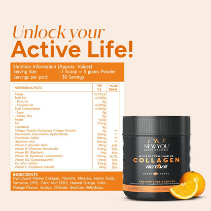 NewYou Collagen Active Performance Booster | Enhances Joint Movement, Bone Strength & Flexibility | Helps Reduce Back & Knee Pain | Japanese Marine Collagen + Glucosamine + Hyalu