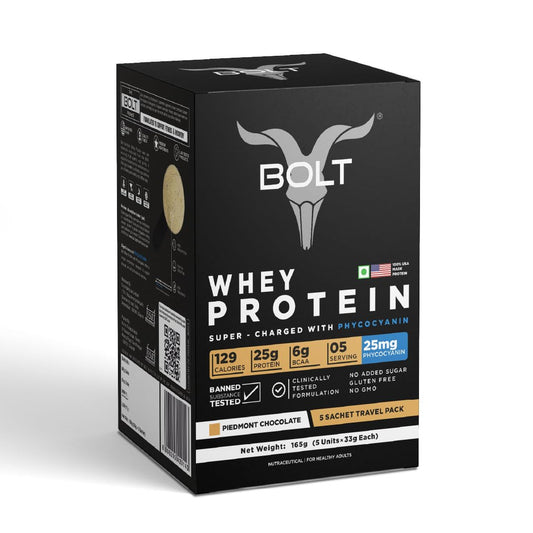 Bolt Whey Protein Protein Powder | 5 Sachet Travel Pack (5×33g) | Piedmont Chocolate | 25g Protein per Serving | 6g BCAA | Muscle Support & Recovery | No Added Sugar | Gluten-Free | Easy to digest