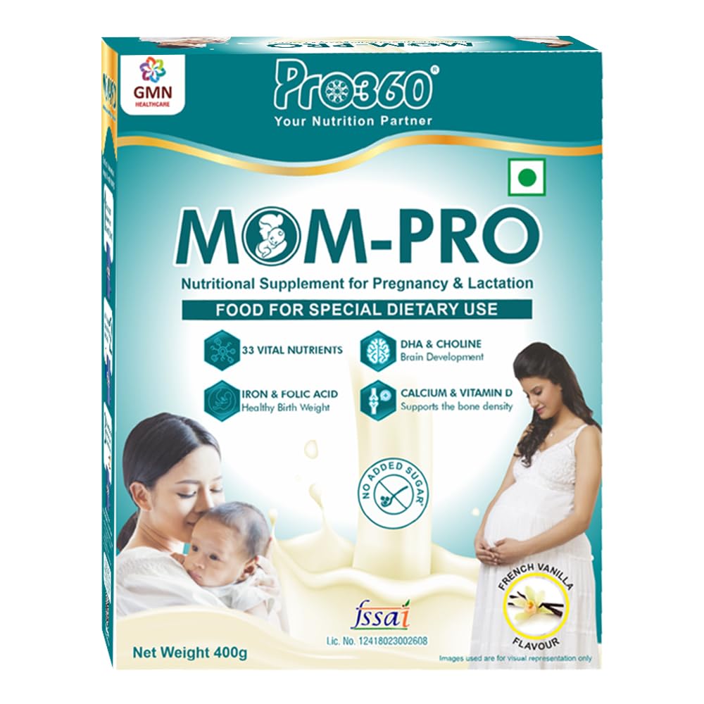 Pro360 MOM Protein Powder Nutritional Supplement for Pregnant and Lactating Mother, Complete Maternal Nutrition during Pregnancy and Breastfeeding – French Vanilla (400+400) g Pack of 2