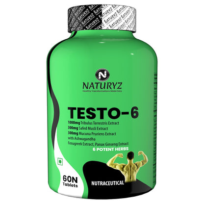 Naturyz Testo-6 Plant based Supplement For Men 2100mg per serving with Maximum Strength 1000mg Tribulus Terrestris, Safed Musli, Kaunj, Ashwagandha for Muscle gain, Stamina & Strength - 60Tablets