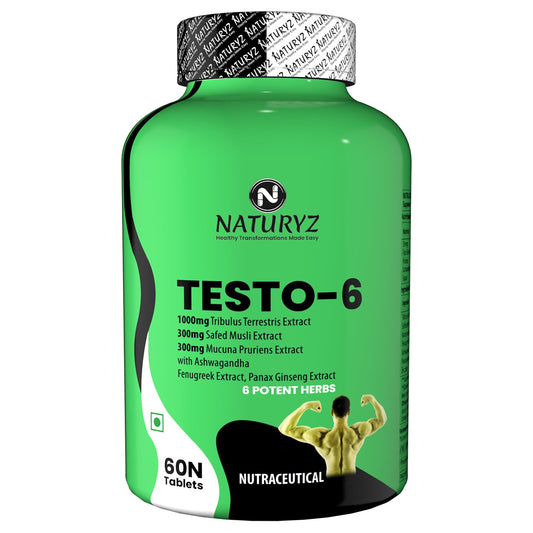 Naturyz Testo-6 Plant based Supplement For Men 2100mg per serving with Maximum Strength 1000mg Tribulus Terrestris, Safed Musli, Kaunj, Ashwagandha for Muscle gain, Stamina & Strength - 60Tablets