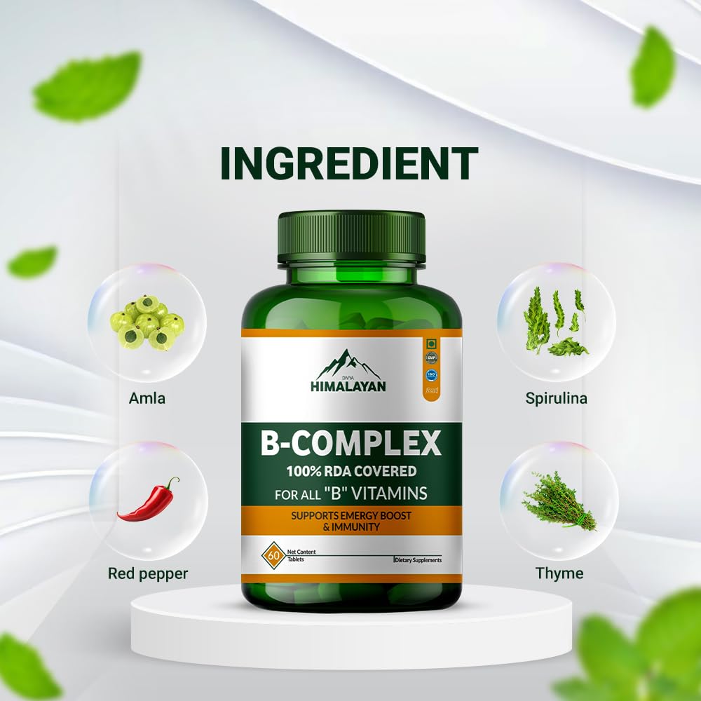 Divya Himalayan Plant-Based B-Complex Support Supplement, 60 Tablets, Supports Energy, Mood & Metabolism, Herbal Blend with B Vitamins