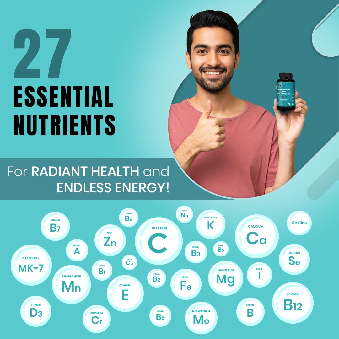 CUREFOREVER Multivitamin Tablet for Men (60 Tablets) | Multivitamin & Multimineral with 27 Key Nutrients – Vitamin C, D3, K2, B12, Biotin & Zinc | Energy, Stamina & Immunity Support