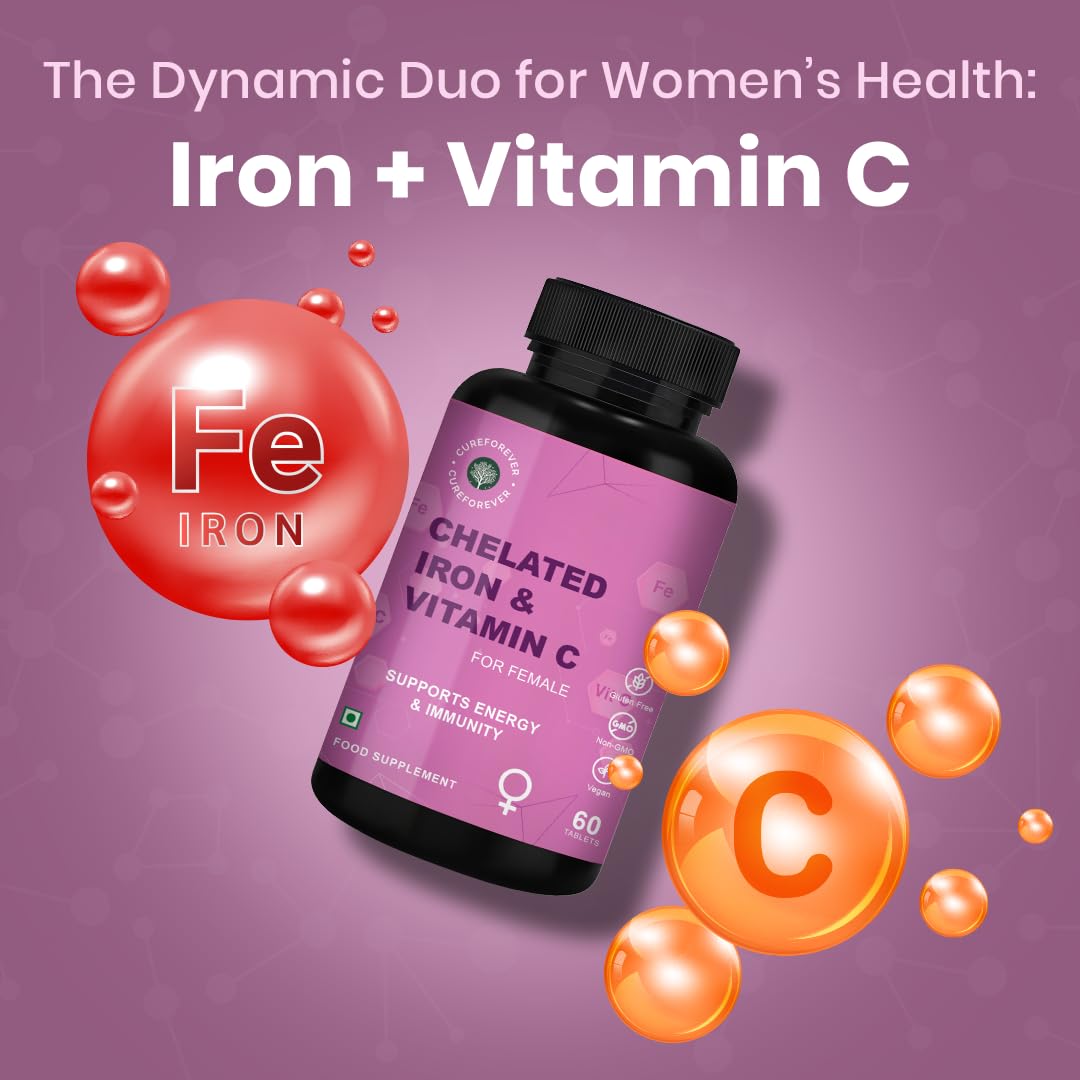 CUREFOREVER Iron Tablets for Women with Vitamin C – High Absorption Chelated Iron Supplement for Hemoglobin, Anemia, Energy & Fatigue Support – 60 Veg Tablets