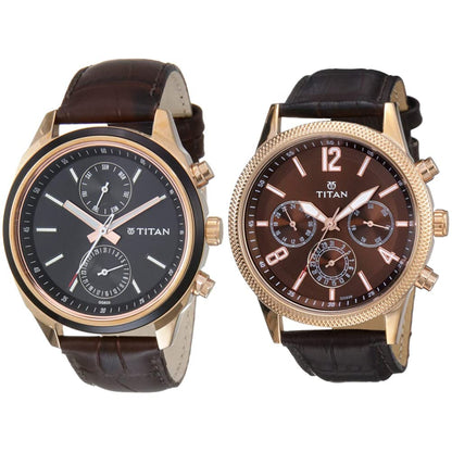 Titan Leather Unisex Analog Watches Combo (1733Kl03,1734Wl01), Multicolor