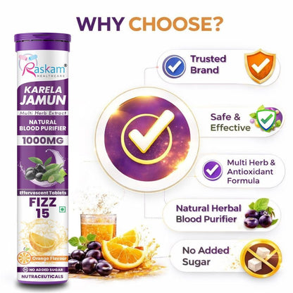 Raskam Karela Jamun Effervescent Tablets | Helps in High Sugar Condition|Promotes Healthy Glucose Levels | Boosts Digestive Health| Supports Daily Blood Sugar Management & Insulin Function| Orange Flavor (45)