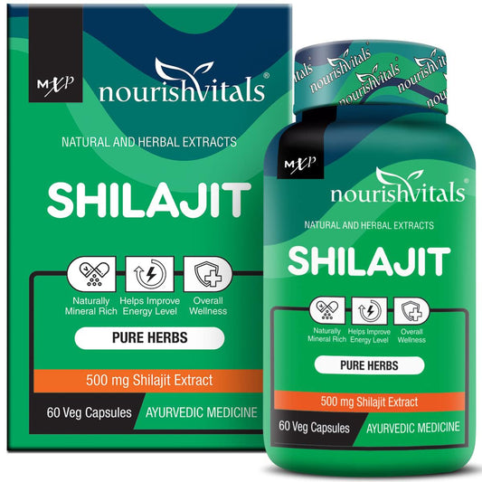 NourishVitals Premium Shilajit 50% Fulvic Acid 500 mg Extract, 60 Veg Capsules