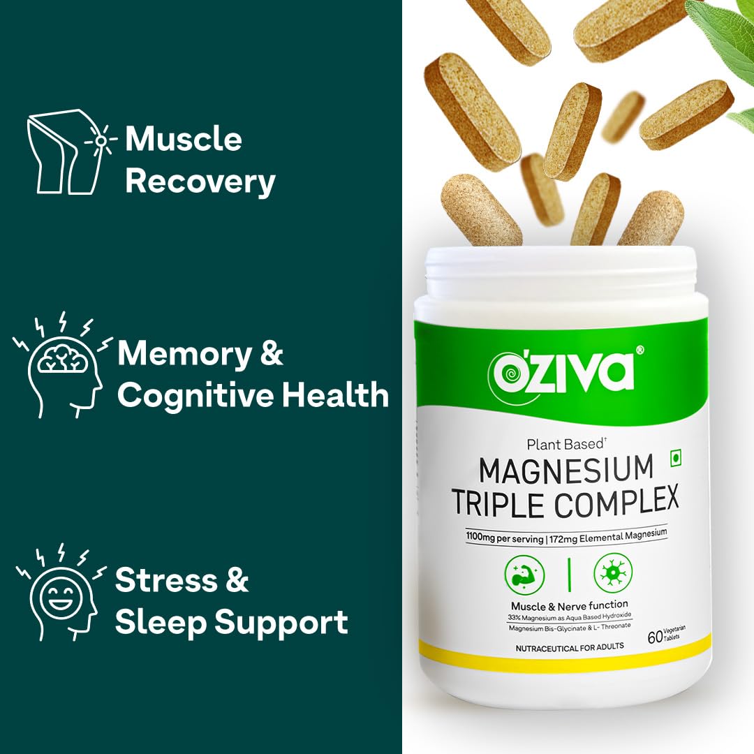 OZiva Magnesium Triple Complex 1100mg for Muscle, Sleep and Nerve Function | With Aquamin Mg, Glycinate, Magnesium L-Threonate & Bisglycinate | 60 Vegetarian Tablets