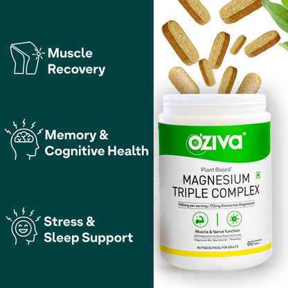 OZiva Magnesium Triple Complex 1100mg for Muscle, Sleep and Nerve Function | With Aquamin Mg, Glycinate, Magnesium L-Threonate & Bisglycinate | 60 Vegetarian Tablets