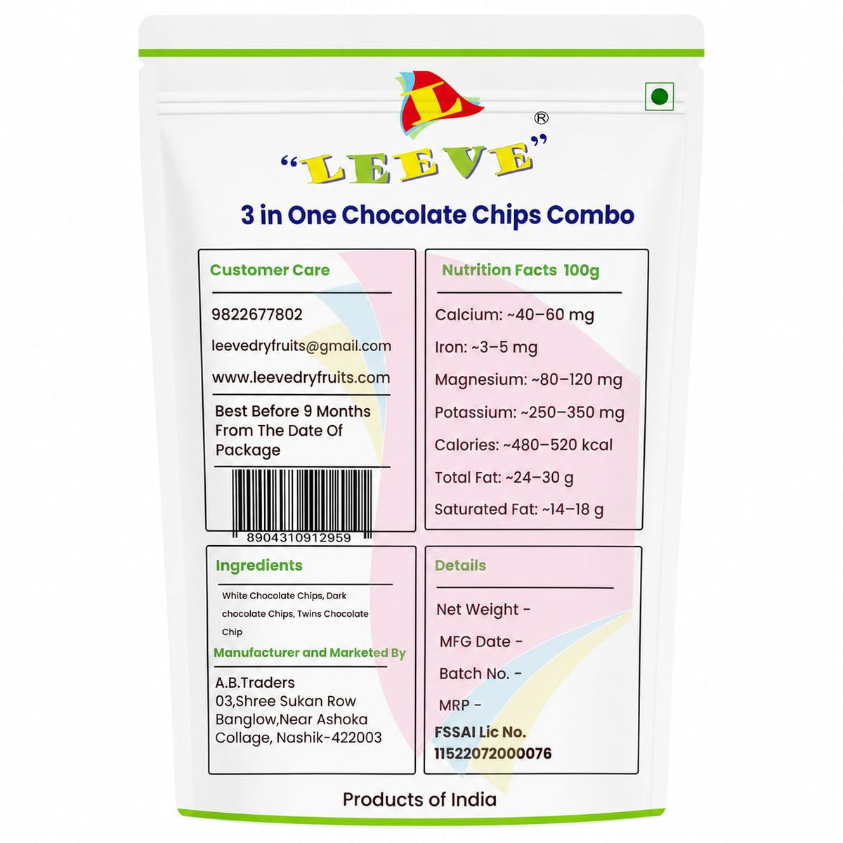 Leeve 3 in One Chocolate Chips Combo 400g | White Chocolates Chip, Dark Choco Chip's & Twins Chocolate Chips | Baking Toppings for Cakes, Cookies, Brownies & Dessert Decoration