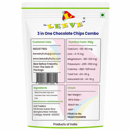 Leeve 3 in One Chocolate Chips Combo 400g | White Chocolates Chip, Dark Choco Chip's & Twins Chocolate Chips | Baking Toppings for Cakes, Cookies, Brownies & Dessert Decoration