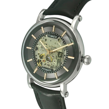 TIMEX Automatic Analog Watch for Man with Black Round Dial & Black Leather Strap Band Water Resistant Men's Wrist Watches - TWEG16716
