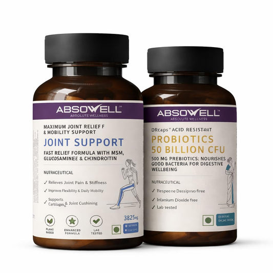 Absowell Joint Support & Probiotics Combo | Glucosamine, Chondroitin, MSM + 50 Billion CFU Probiotic | Joint Pain Relief, Knee Support, Gut Health, Digestion | 20 Day + 60 Day Support