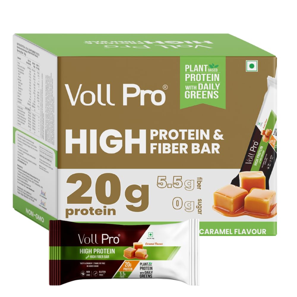 Voll Pro Plant Protein Bar with Daily Greens - High Protein 20g, Fiber 5.5g, 0g Sugar - Caramel Flavour- Non-GMO- Gluten & Trans Fat Free- Crunchy, Delicious Nutrient-Rich Protein Bars (50g X 3 Bar) - (Pack Of 3, Caramel)