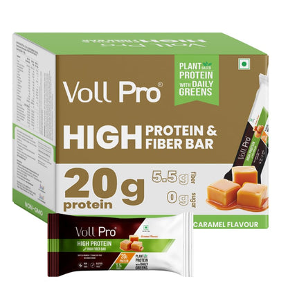 Voll Pro Plant Protein Bar with Daily Greens - High Protein 20g, Fiber 5.5g, 0g Sugar - Caramel Flavour- Non-GMO- Gluten & Trans Fat Free- Crunchy, Delicious Nutrient-Rich Protein Bars (50g X 3 Bar) - (Pack Of 3, Caramel)