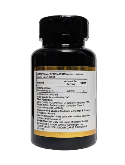 Anjix Berberine HCL 97 Percent Tablets | 500 mg Herbal Supplement for Metabolism Support Digestive Wellness | 60 Tablets Pack
