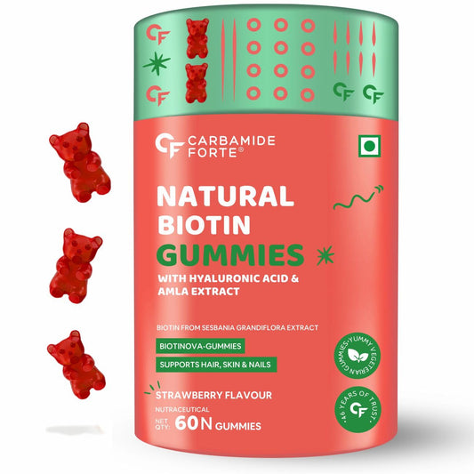 Carbamide Forte Biotin Gummies for Hair Growth|Hair growth Gummy for Longer, thicker and Healthier Hair | Biotin Supplement for Men & Women - 60 Veg Strawberry-flavoured Gummies