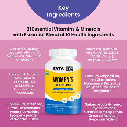 Tata 1mg Women's Multivitamin Veg Tablet with Zinc, Vitamin C, Calcium, Vitamin D and Iron, Support Health Protection, Bones & Overall Health (Pack Of 60 Tablets)