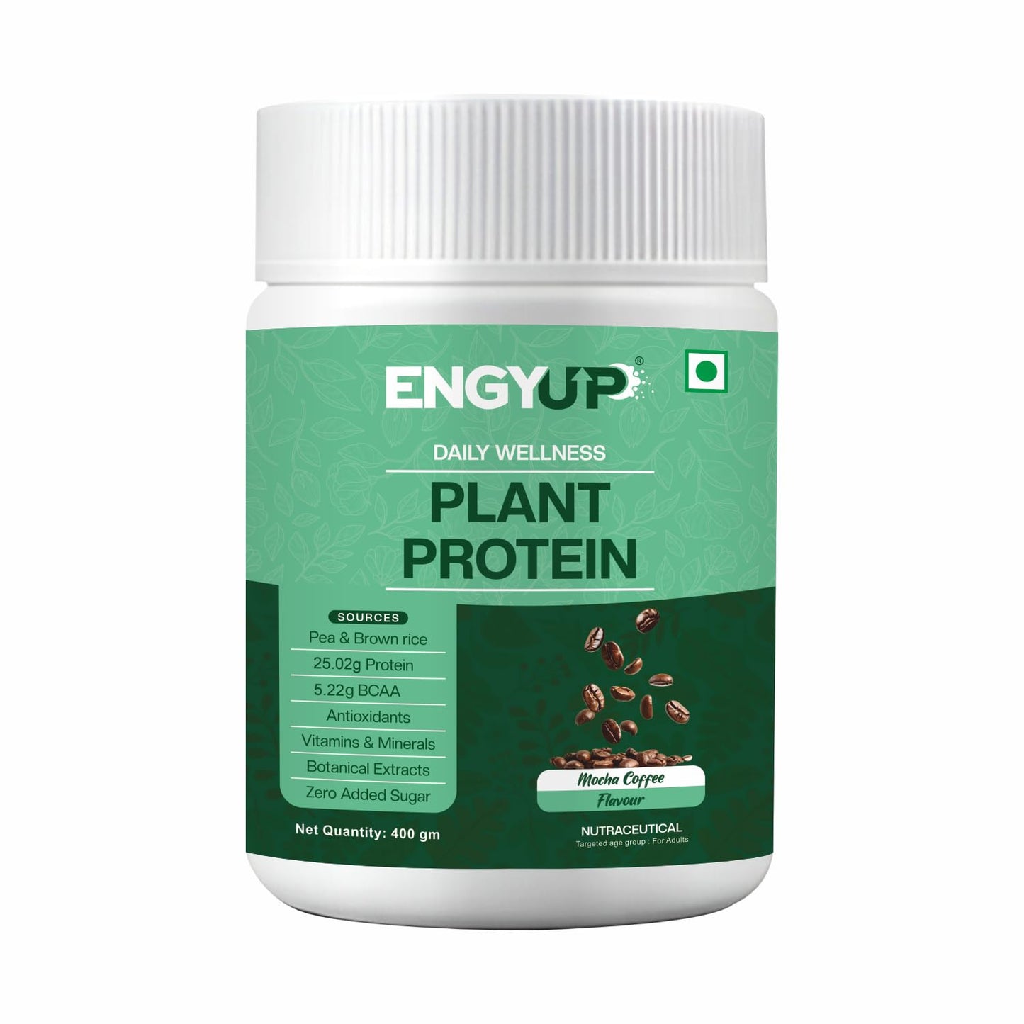 ENGYUP Plant Protein Powder(Pea & Brown Rice Protein) 25g Per Serving | Rich in BCAA with Antioxidants, Vitamins & Minerals, Herbal Extracts | Zero Added Sugar & Easy to Digest | Mocha Coffee Flavor | 400g