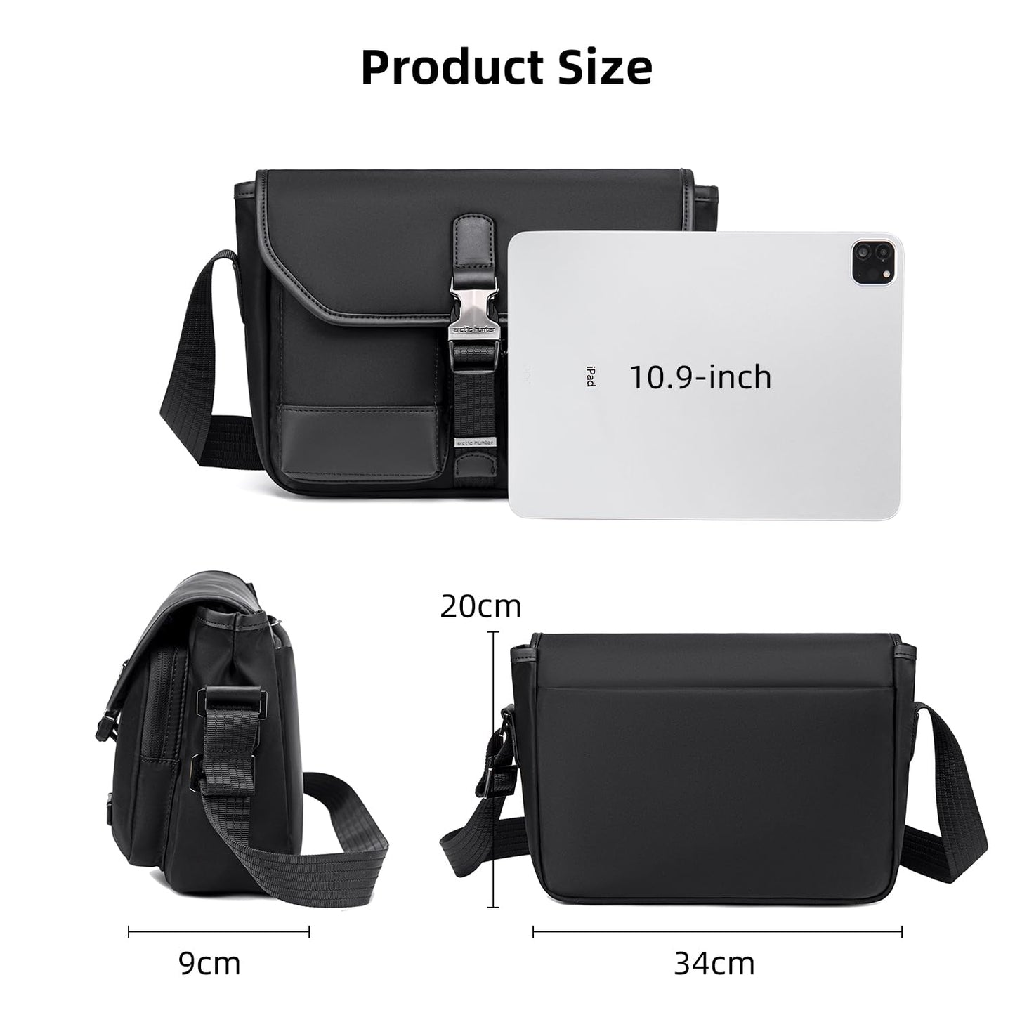 Arctic Hunter Nylon Sling Bag for Men 11" iPad Anti-Theft Stylish Side Messenger Bag Multiple Compartments Crossbody Shoulder Bag Water-repellent for Casual Daily Travel (Black)