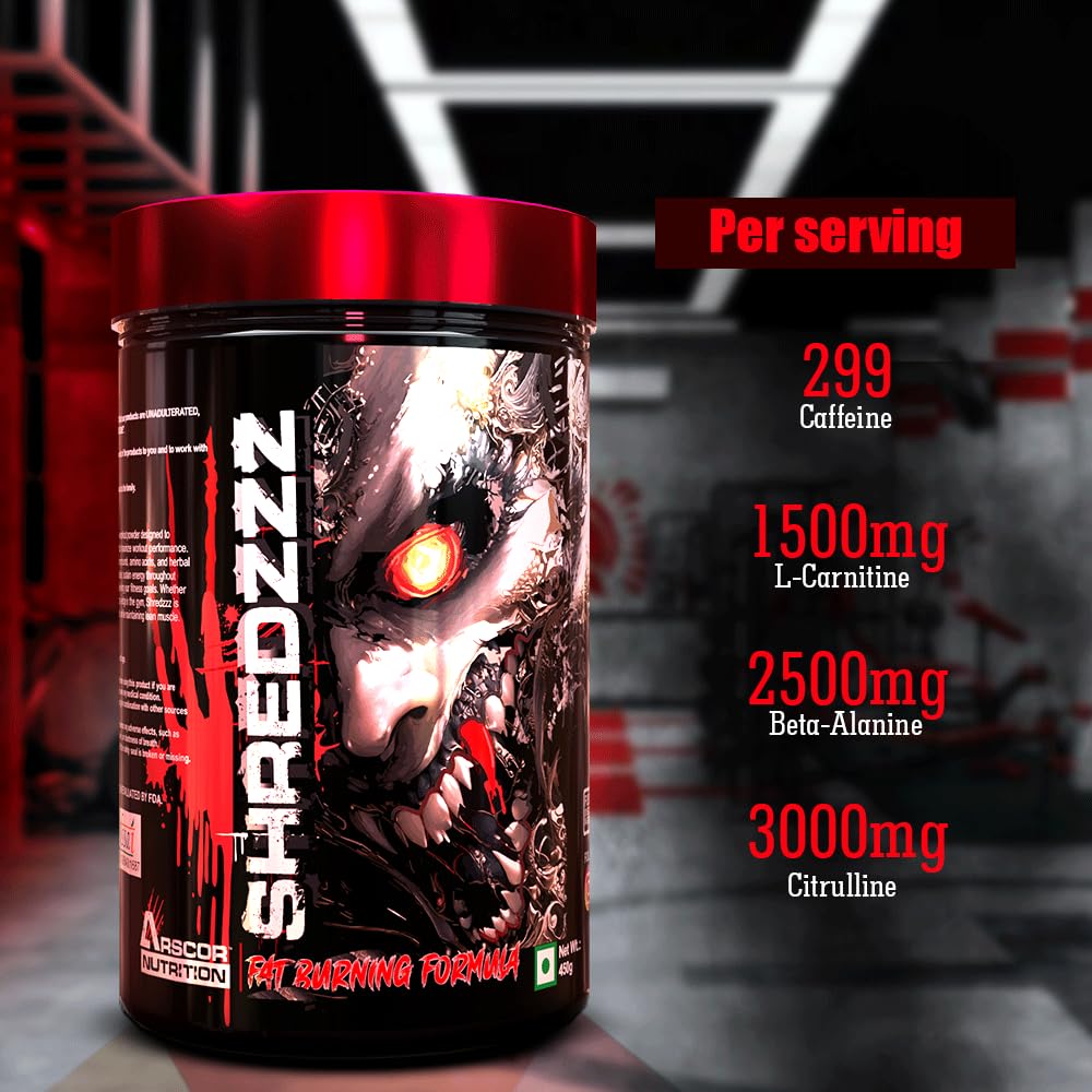 Shredzzz Thermogenic Fat Burner Pre-Workout Supplement | Extreme Energy, Intense Focus | 3000mg Citrulline Malate, 2500mg Beta-Alanine, 299mg Caffeine Anhydrous | 450g | Lemon Masala