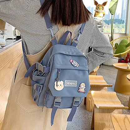 PEXIZUAN kawaii backpack girl school bag waterproof nylon with kawaii pendant cute pin mini backpack, Blue, 35(cm)*28 (cm)*13 (cm), Cute