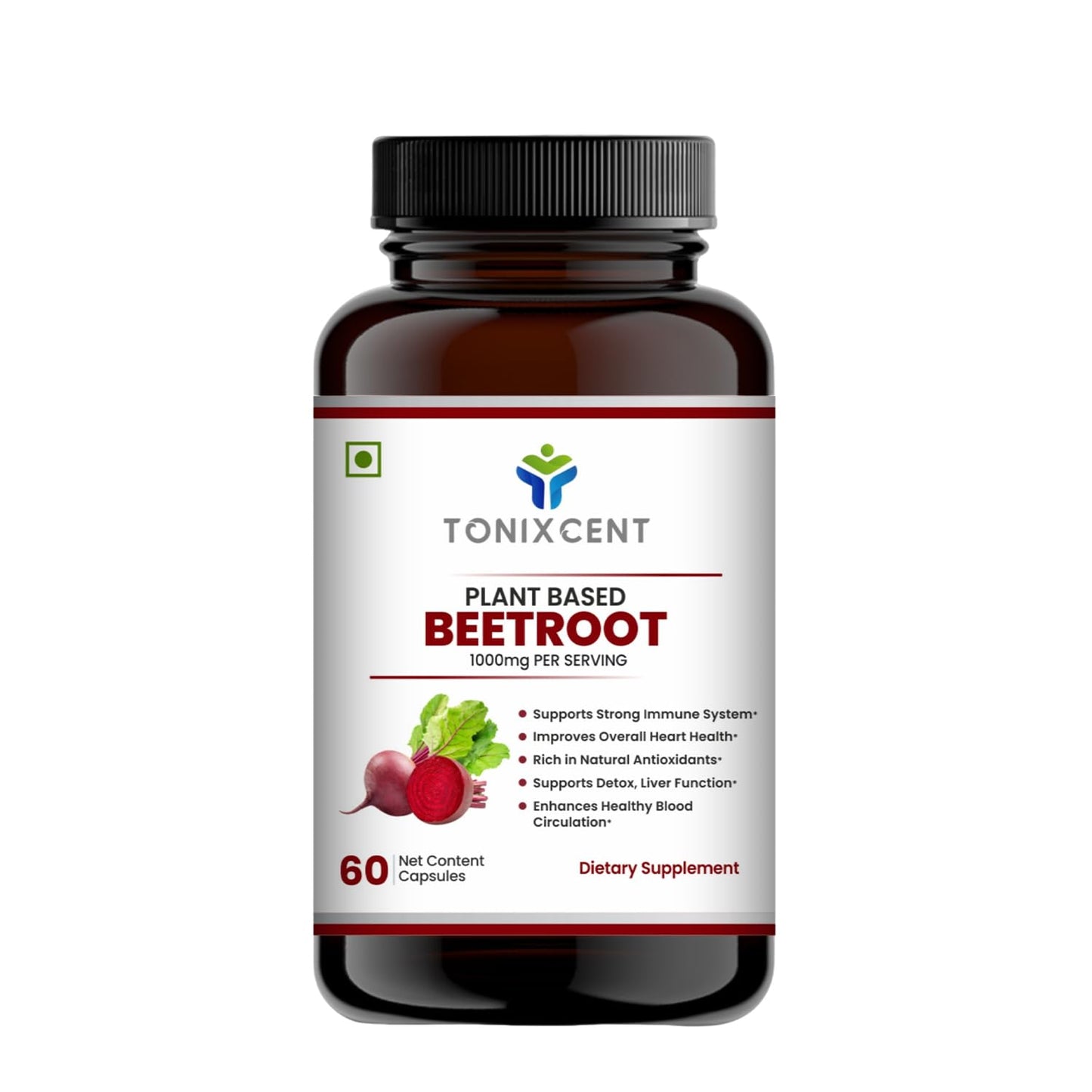 TONIXCENT Plant-Based Beetroot Capsules | 1000mg per Serving | Boosts Stamina & Heart Health | Rich in Antioxidants & Nitrates | Vegan, Non-GMO, Preservative-Free | 60 Capsules