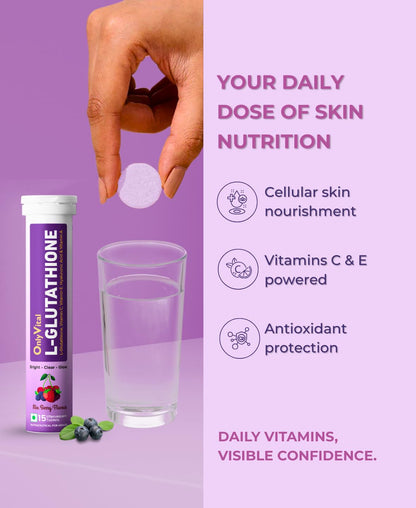 OnlyVital L-Glutathione Effervescent Tablets with Vitamin C, Vitamin E, Hyaluronic Acid & Vitamin A | Skin Brightening & Glow Support | Mixed Berry Flavour | (1)