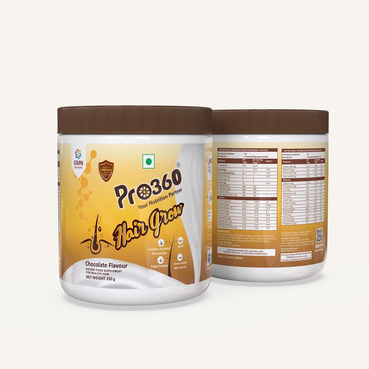 Pro360 Hair Grow Protein Powder for Healthy Hair Growth Nutrition Supplement for Men and Women - Enriched with Biotin and Green Apple Skin Extract - Chocolate Flavor (250+250) g (Pack of 2)
