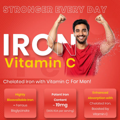 CUREFOREVER Chelated Iron & Vitamin C 60 Tablets for Men - High Absorption Iron & Vitamin C Supplements for Energy, Immunity, Skin Tiredness & Fatigue