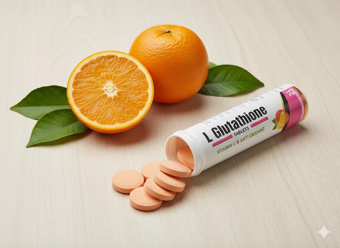 JINAMRITH Herbs L-Glutathione Effervescent Tablets with Vitamin C & E – 15 Tablets (Orange Flavour)