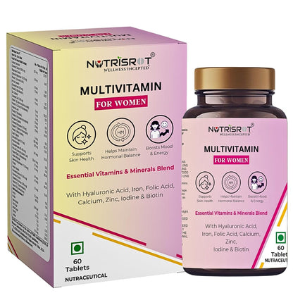 NUTRISROT̖ Complete Multivitamin Supplement For Women with Hyaluronic Acid, Vitamin A, B Complex, Vitamin B12, C, D3, K2-7, Biotin, Folate| Calcium, Magnesium, Iron, Zinc, Selenium| For Skin Glow, Immunity, Energy, Bone & Brain Health (60 tabs)