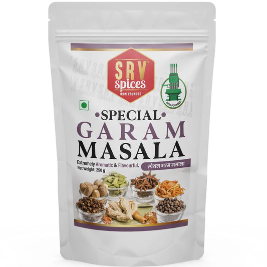 SRV Spices Special Garam Masala | Strong & Aromatic Khada Masala Blend | Iron Pounded All-Rounder Masala | Reusable Pouch Packaging (250g)