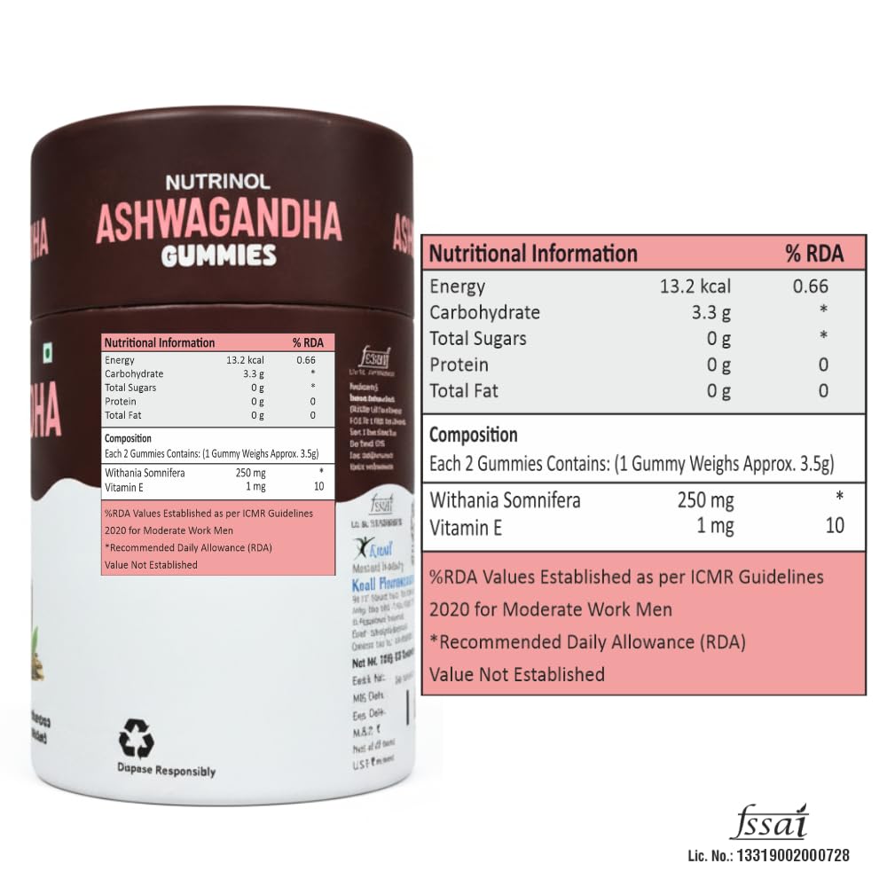 Knoll Healthcare Nutrinol Ashwagandha Gummies for Men & Women | 250mg Withania Somnifera + Vitamin E | Stress Relief, Energy, Brain Support | No Added Sugar | Strawberry Flavour | 30 Gummies