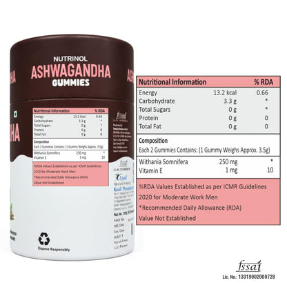Knoll Healthcare Nutrinol Ashwagandha Gummies for Men & Women | 250mg Withania Somnifera + Vitamin E | Stress Relief, Energy, Brain Support | No Added Sugar | Strawberry Flavour | 30 Gummies