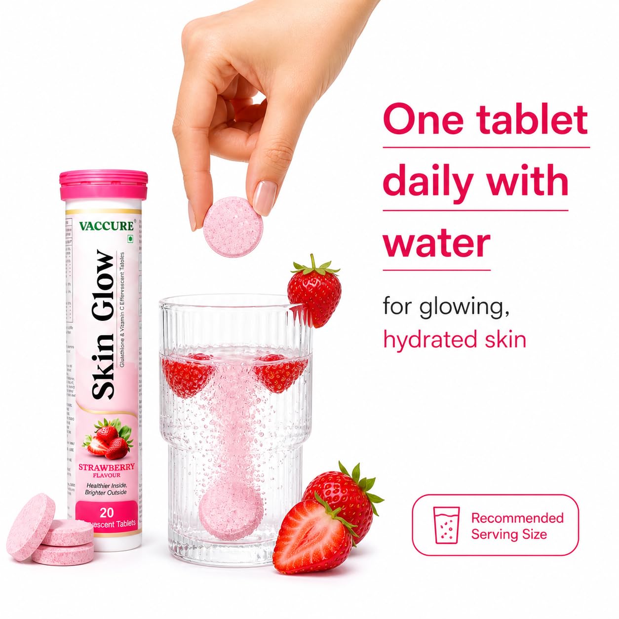 VACCURE Skin Glow Effervescent Tablets - Glutathione & Vitamin C for Skin Brightening & Antioxidant Support - 20 Tablets - Delicious Strawberry Flavor